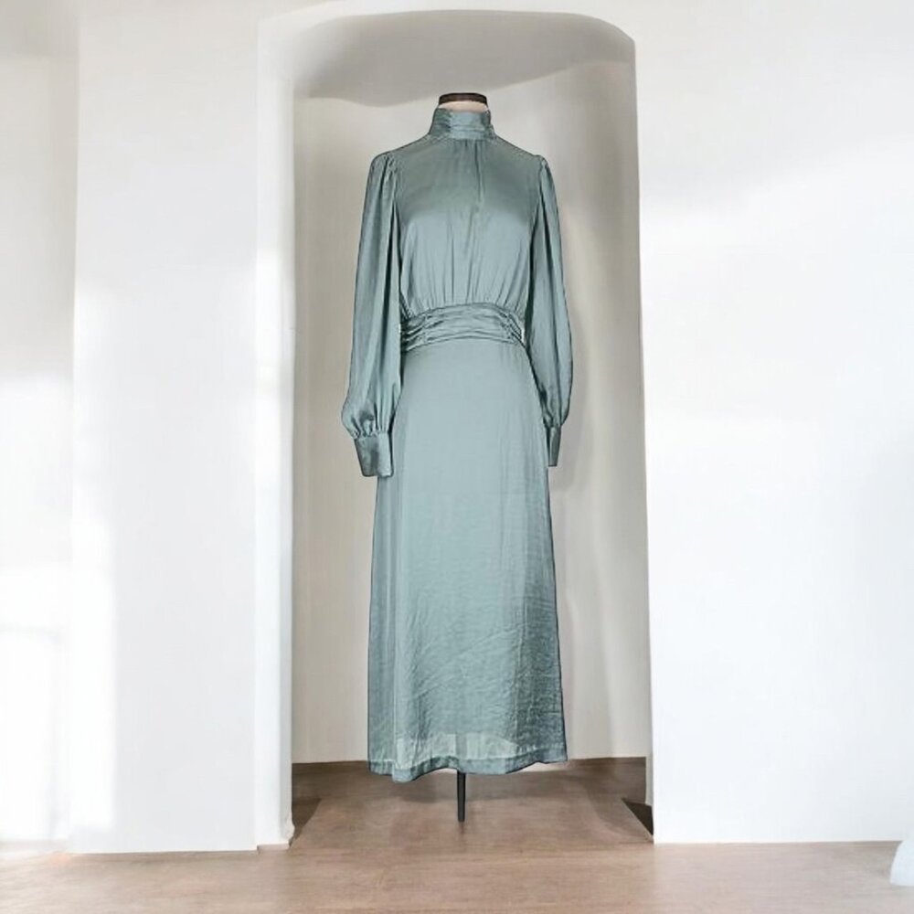 H&M Sage Green Long Sleeve Midi Dress
